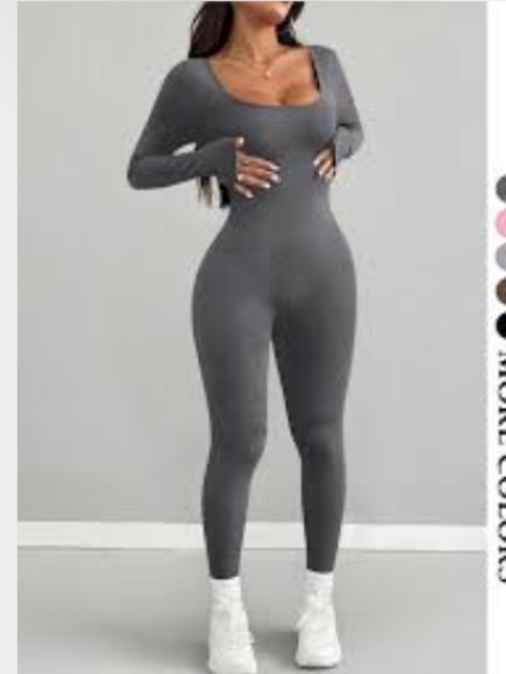 Grey Long-Sleeve Scoop Neck Ribbed Jumpsuit